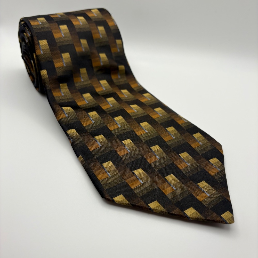 Stafford‎ Executive Extra Long Geometric Pattern Silk Blend Necktie Brown Gold